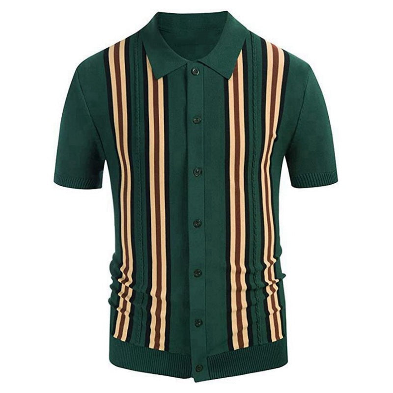 Green Striped Short Sleeve Slim Fit Business Sweater