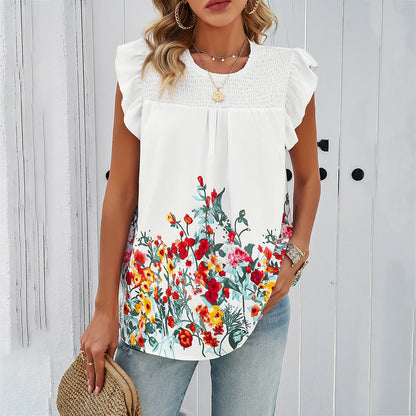 Floral Print Ruffle Short Sleeve Blouse