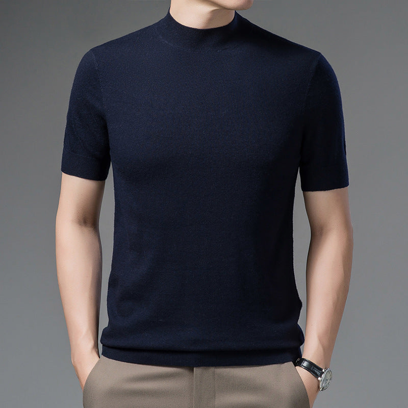 Half Turtleneck Pure Wool Sweater With Short Sleeves