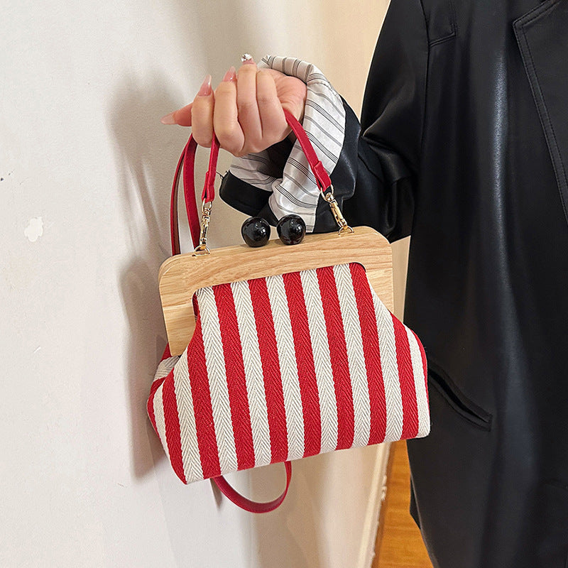 New Striped Canvas Wooden Clip-mouth Clutch