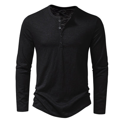 Mens Clothing Long Sleeve T-shirt Fashion Button Henry Collar Tops