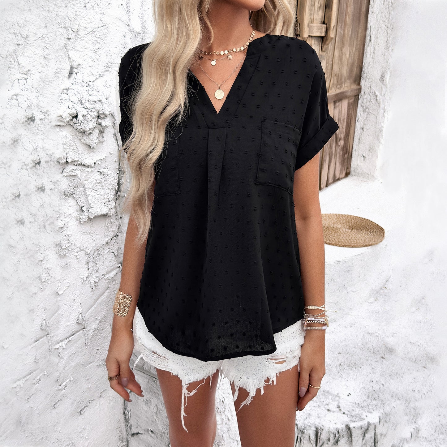 Textured Short Sleeve V-Neck Blouse