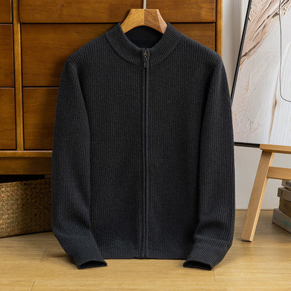 Casual Solid Color Stand Collar Zipper Knitted Cardigan