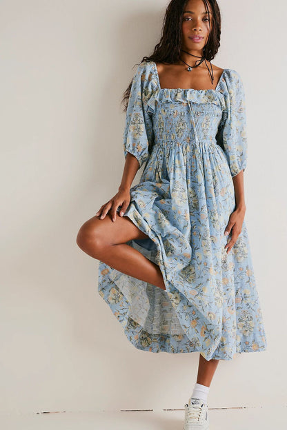 Square Collar Floral Maxi Dress