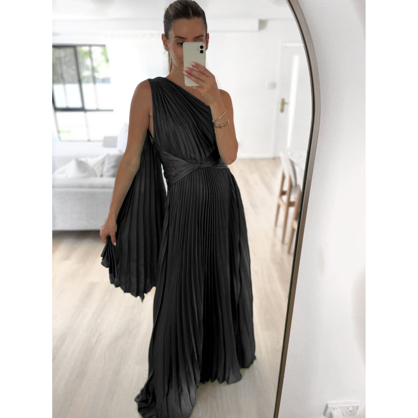 Pleated Shoulder Cape Maxi Dress