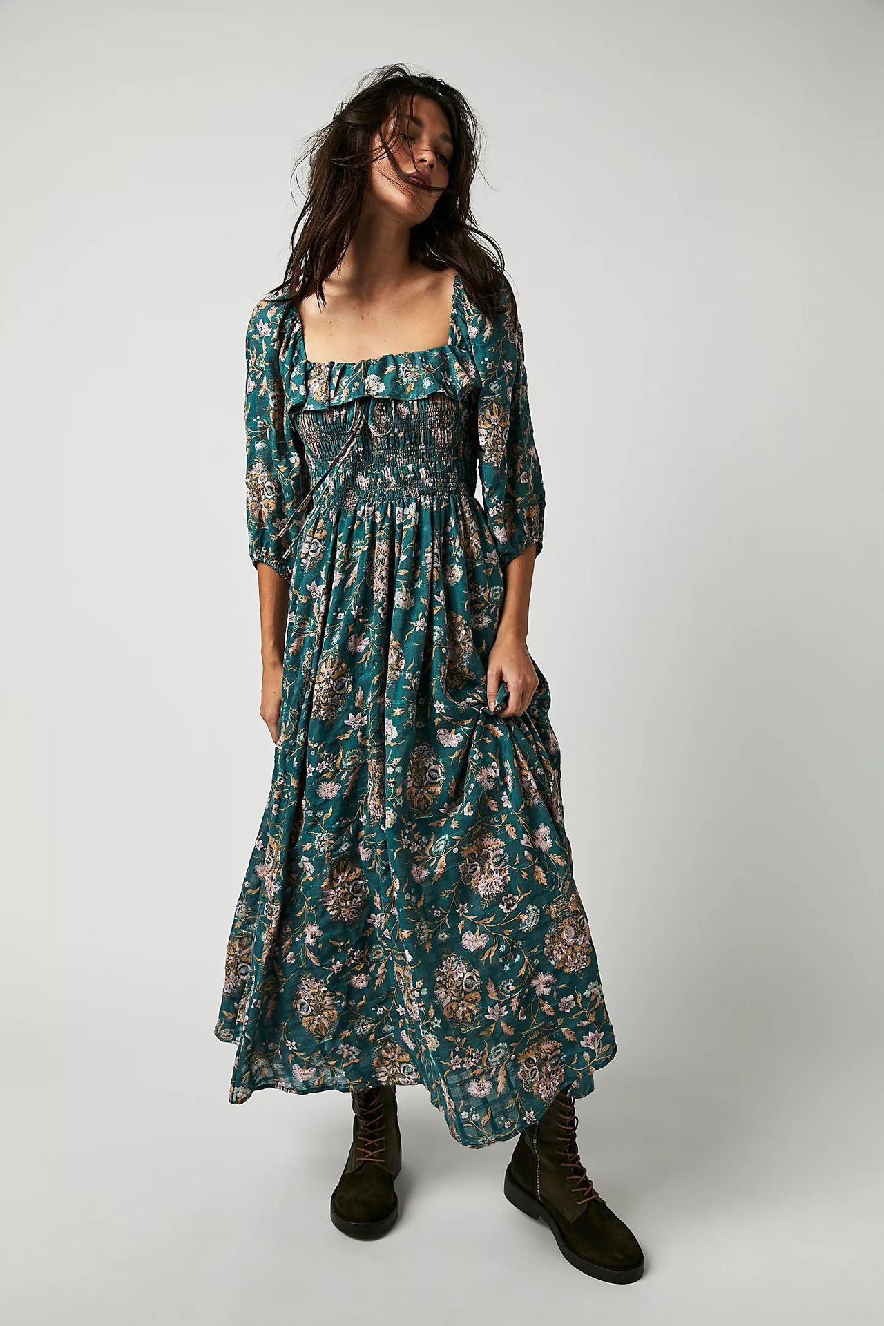 Square Collar Floral Maxi Dress