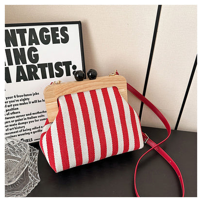 New Striped Canvas Wooden Clip-mouth Clutch