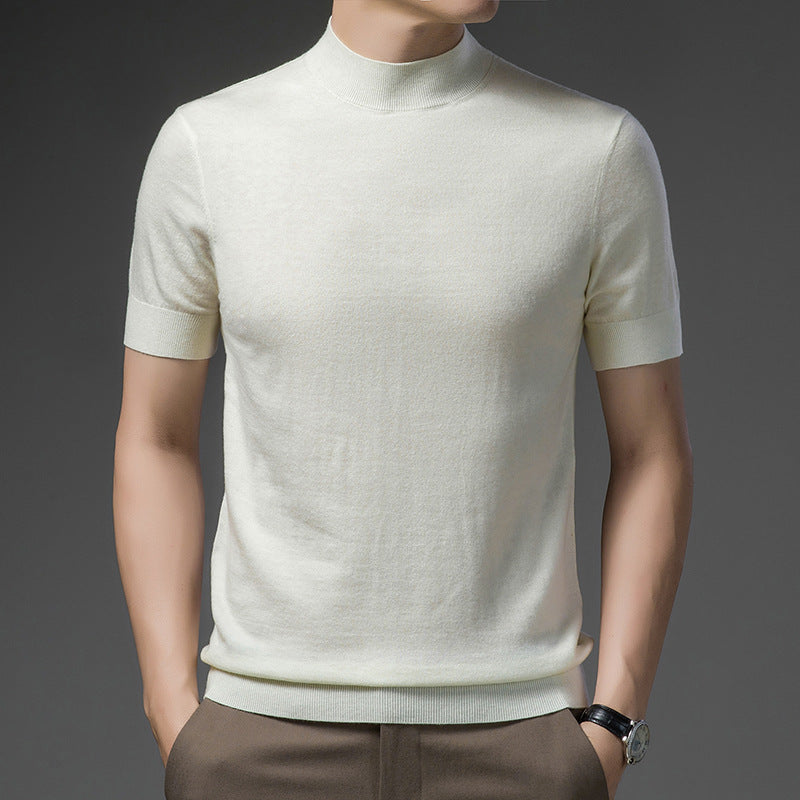 Half Turtleneck Pure Wool Sweater With Short Sleeves