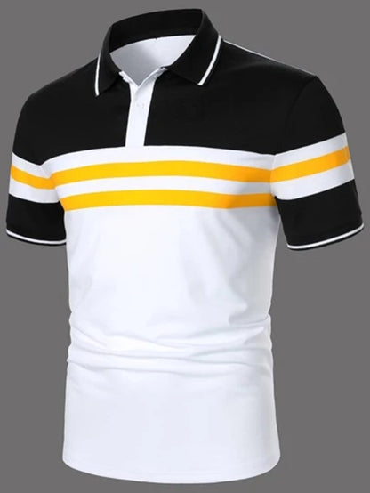 Striped Printed Short Sleeve Button Polo Shirt For Men