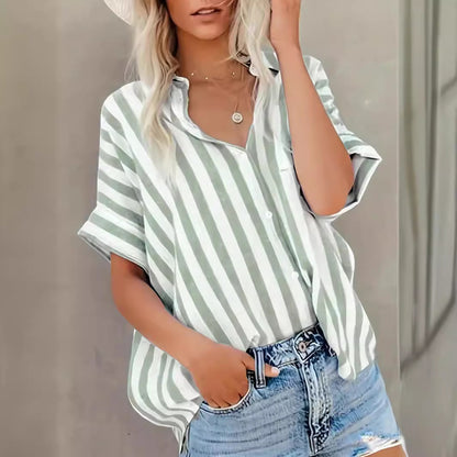 Striped Cotton Short Sleeve Button Down Top