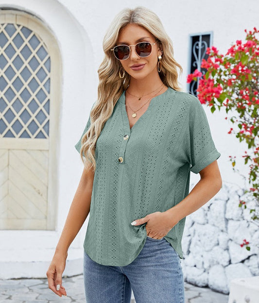 V-Neck Short Sleeve Button Detail Shirt