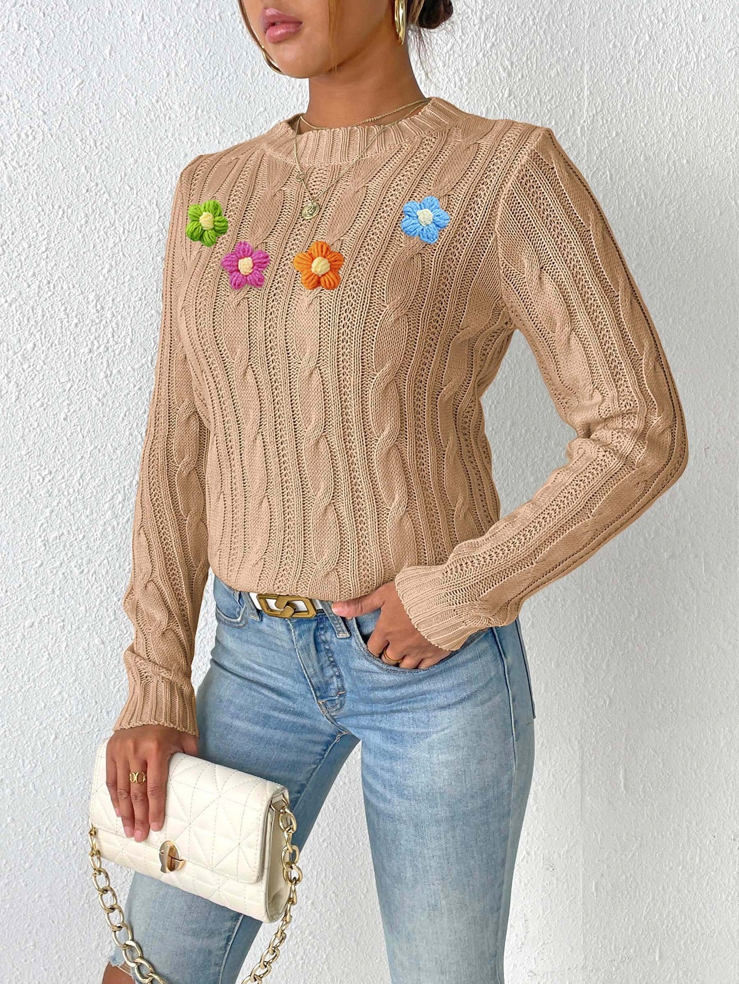 Flower Detail Round Neck Sweater