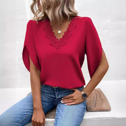 Embroidered Neckline Short Sleeve Blouse