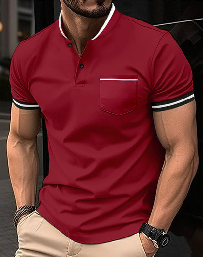 Men's Solid Standing Collar Pocket Short Sleeved