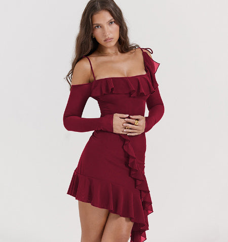 Asymmetrical Shoulder Mini Dress