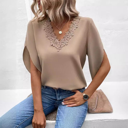 Embroidered Neckline Short Sleeve Blouse