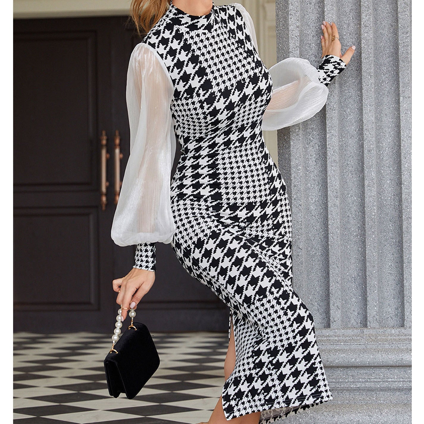 Houndstooth Long Sleeve Midi Dress