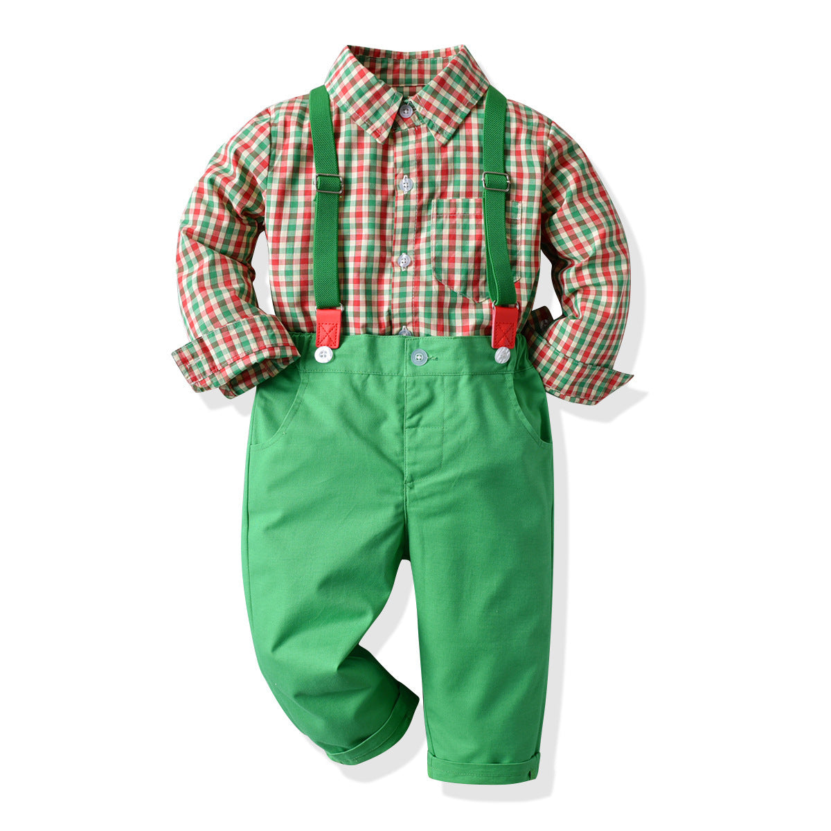 Boy's Long-sleeved Plaid Shirt And Overalls