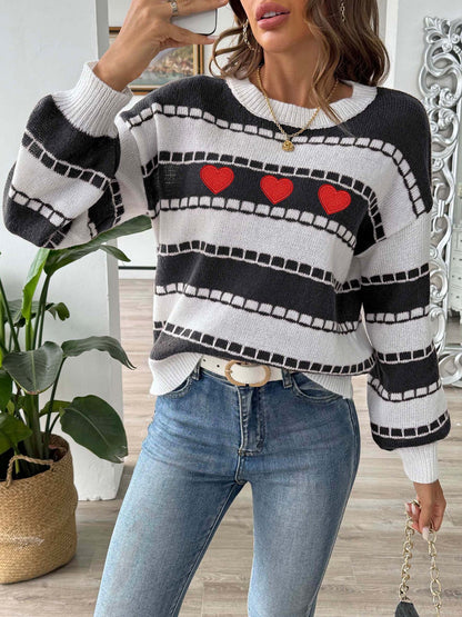 Heart Detail Striped Sweater