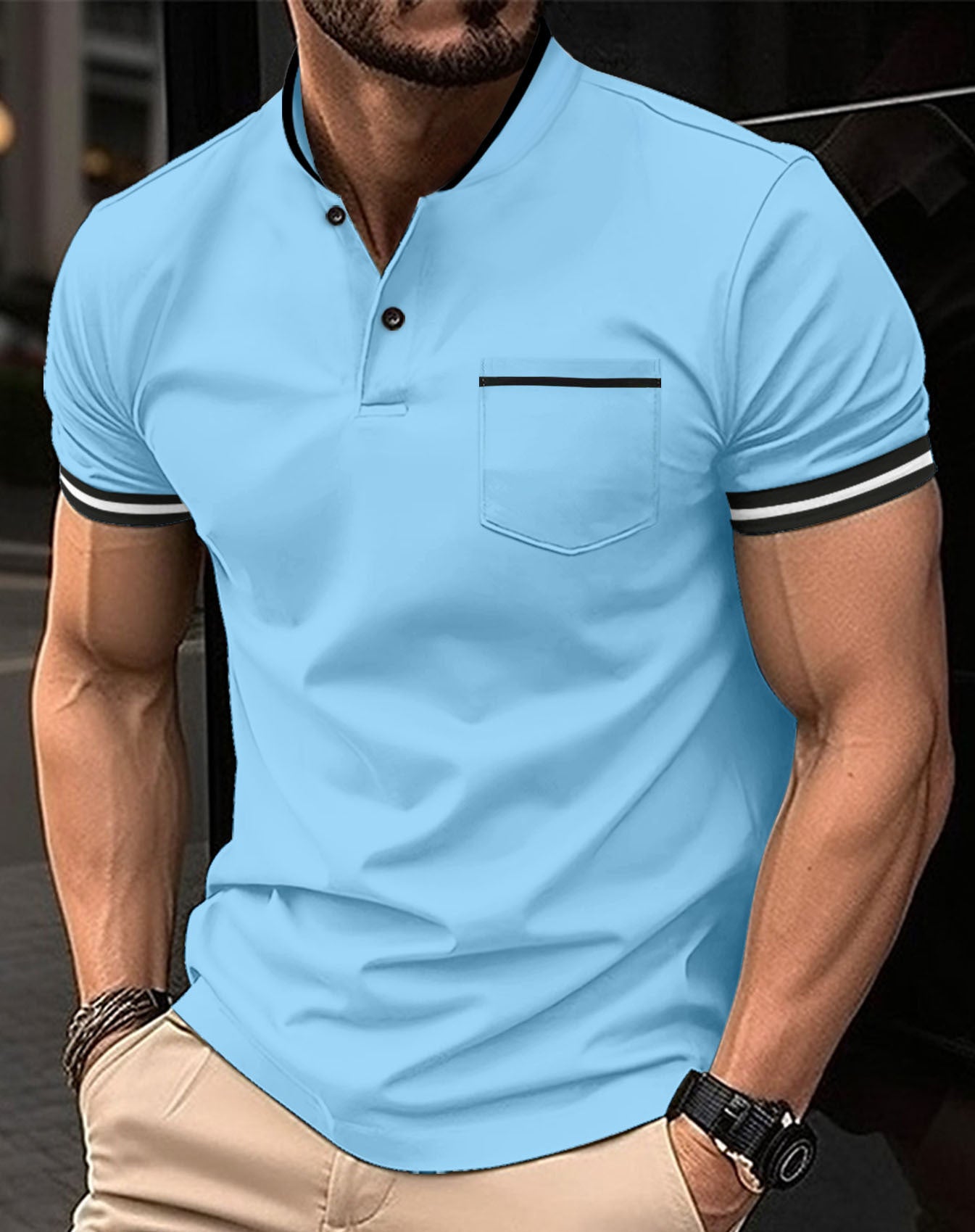 Men's Solid Standing Collar Pocket Short Sleeved