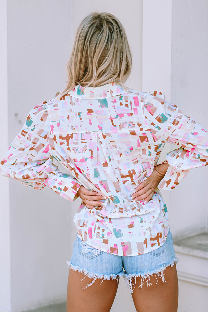 Abstract Print Button Down Top