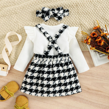 Sunken Stripe Top Bow Flounced Sleeve Check Overall Dress Girls' Two-piece Suit