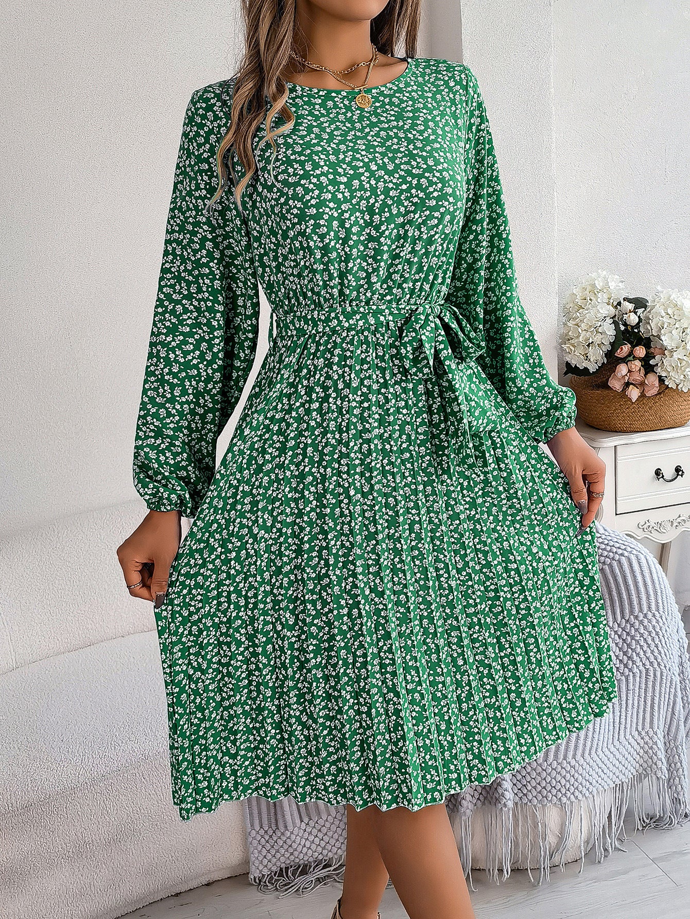 Pleated Long Sleeve Floral Dress