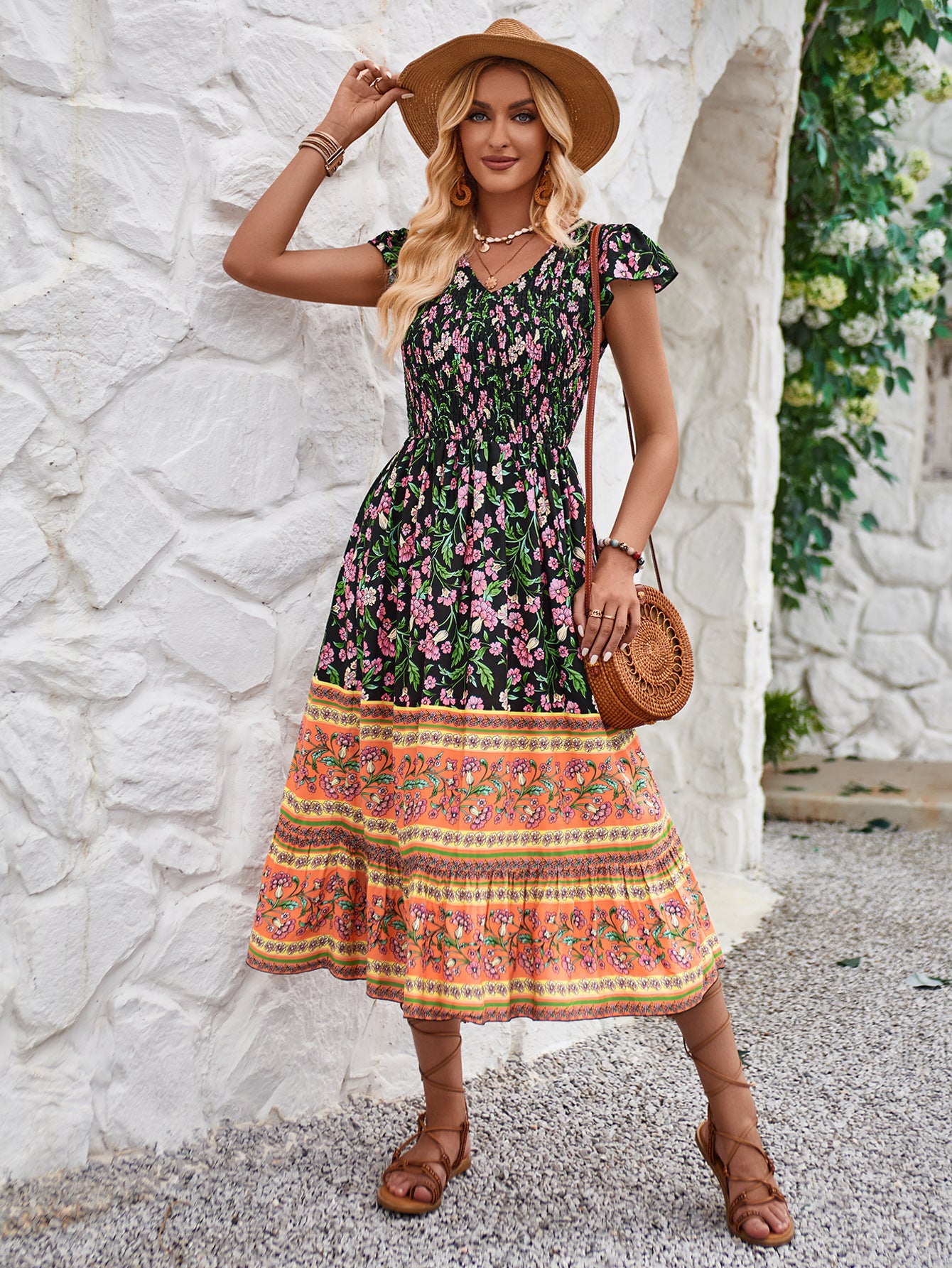 Floral Pattern Short Sleeve Dress