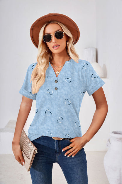 Heart Print Casual Button T-shirt